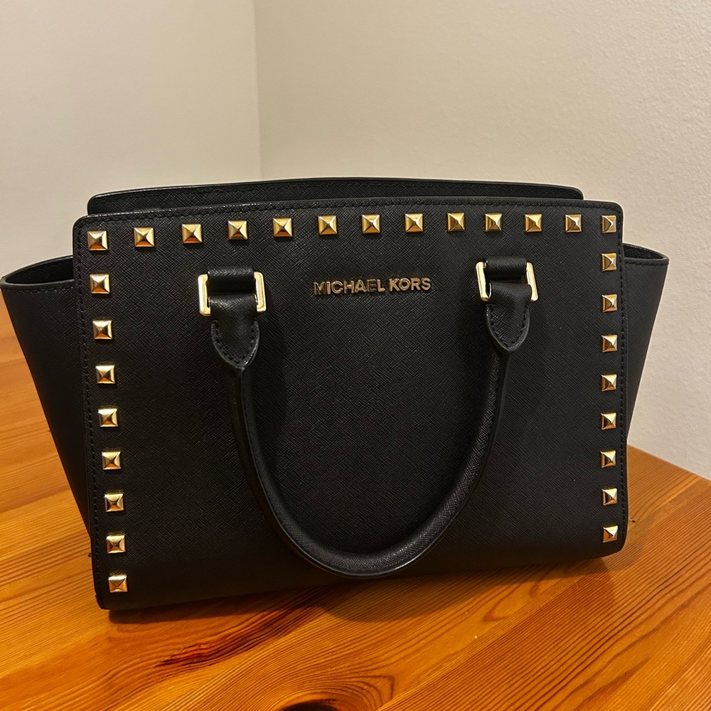 Michael Kors Black Satchel with Gold Studs